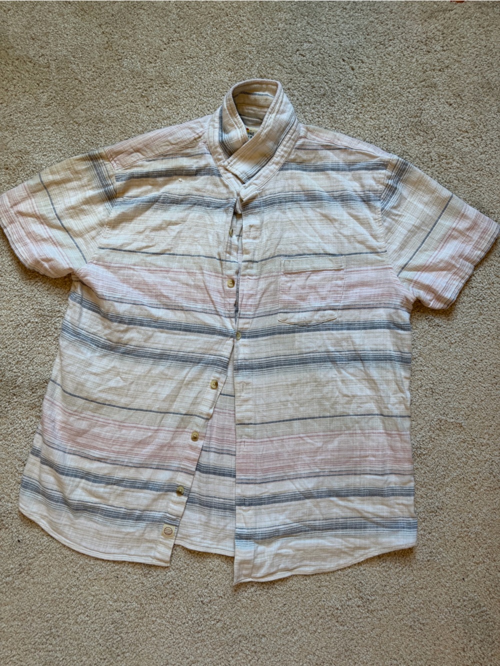 Marine Layer Mens Short-Sleeve Button Shirt in Cream, Pink & Blue Stripes